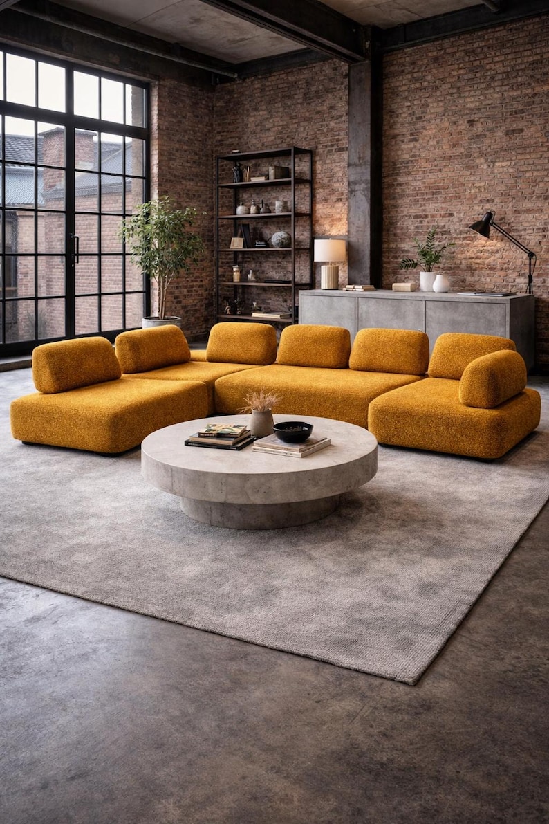 Modern Mustard Modular Sectional Sofa, Textured Upholstery, L Shape Lounge Couch, Teddy Sofa, Living Room image 2