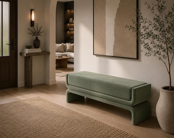 Sculptural Velvet Upholstered Bench, Modern Entryway Seating, Auburn Performance Fabric