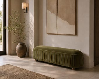Handmade Upholstered Velvet Bench, Ribbed Seat, Modern Entryway Furniture, Natural Oak Legs