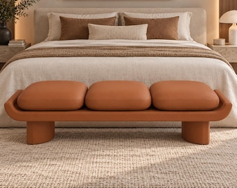 Modern Leather Bench, Cognac Entryway Bench, 3 Cushion Upholstered Bench, Bedroom End of Bed Bench, Contemporary Hallway Seating