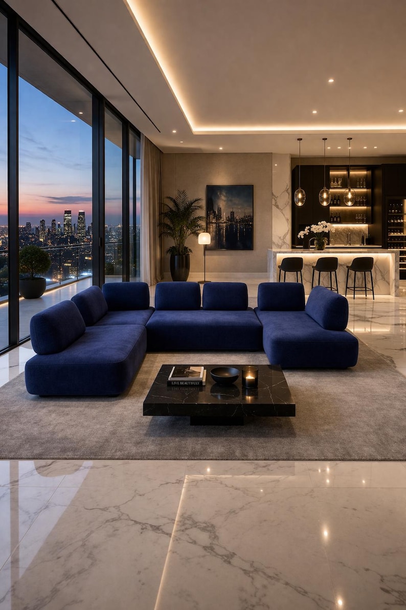 May include: A modern living room with a U-shaped navy blue sofa, a black marble coffee table, and a city skyline view through large windows. The room features a bar area with stools and pendant lights.