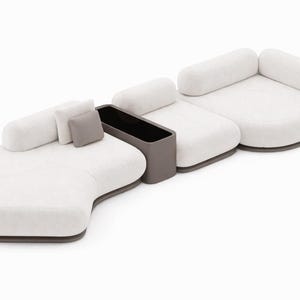 Mustard Modular Sectional Sofa, Sculptural Curved Upholstery, Integrated Side Table Lounge Couch White