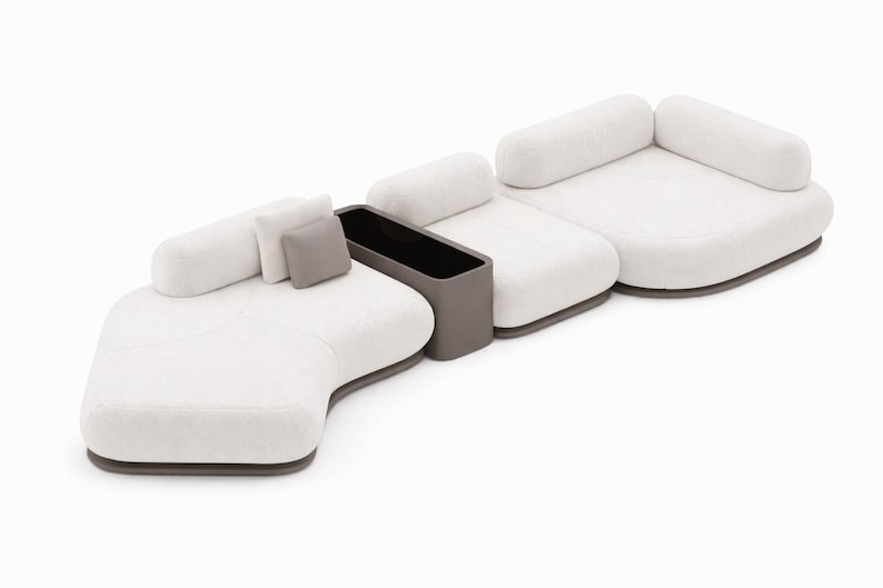 Mustard Modular Sectional Sofa, Sculptural Curved Upholstery, Integrated Side Table Lounge Couch White
