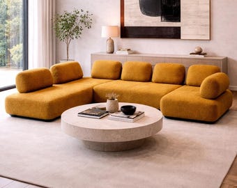 Modern Mustard Modular Sectional Sofa, Textured Upholstery, L Shape Lounge Couch, Teddy Sofa, Living Room