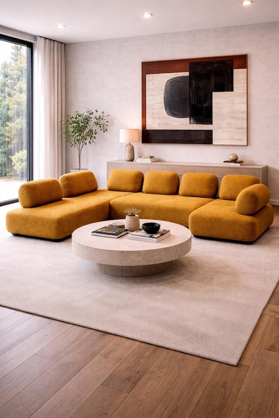 Modern Mustard Modular Sectional Sofa, Textured Upholstery, L Shape Lounge Couch, Teddy Sofa, Living Room