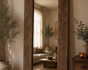 Handmade Natural Reclaimed Wood Floor Mirror, Wabi Sabi Decor for Organic Modern Interiors