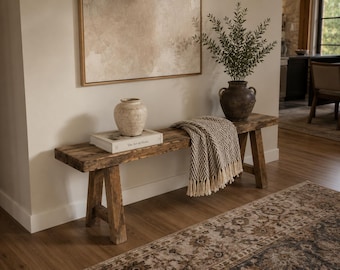 Rustic Wooden Bench, Oak & Chestnut Timber, Farmhouse Entryway Bench, Handmade Console Bench, Minimalist Rustic Home Decor, End of Bed Bench