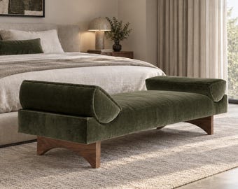 Velvet Bench with Walnut Wood Base, End of Bed Bench, Upholstered Bedroom Bench, Modern Luxury Entryway Seating
