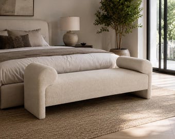 Handmade Modern boucle Bench, Upholstered Accent Seating, Minimalist Curved Entryway Furniture