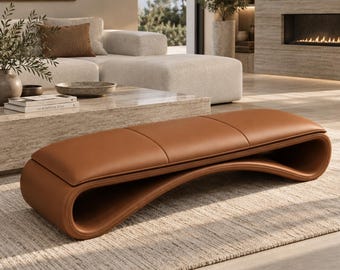 Modern leather Upholstered Bench, Sculptural Entryway Bench, Curved Hallway Seat, End of Bed Bench, Contemporary Bedroom Furniture