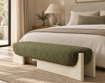 Modern Bouclé Bench, Dark Taupe Upholstered Bench, Sculptural Entryway Bench, End of Bed Bench, Contemporary Hallway Seating