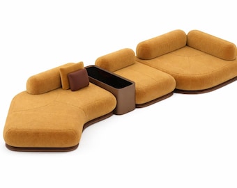 Mustard Modular Sectional Sofa, Sculptural Curved Upholstery, Integrated Side Table Lounge Couch