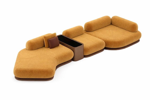 Mustard Modular Sectional Sofa, Sculptural Curved Upholstery, Integrated Side Table Lounge Couch