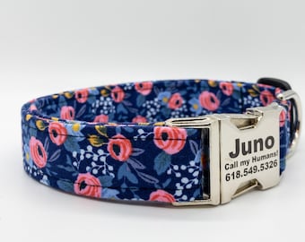 La Fleurs Rosa Navy - Cotton and Steel Rifle Paper Co Fabric Dog Collar- Shades of blue, gold, pink, coral and green.