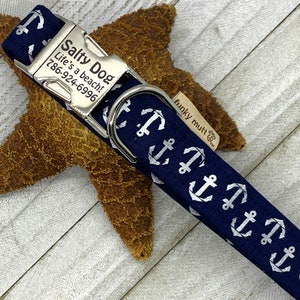 Navy Blue and Silver Anchors Dog Collar - Unisex - Sea Life - Ocean Life - Summer Collar - Made in the USA