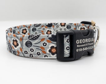 Rustic Fall Floral Dog Collar: Personalized Gray Autumn Collar, Stylish, Washable Pet Fashion
