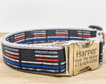 Thin Blue Red Line Dog Collar - Personalized K9 Police Fire Collar Pet Wear