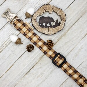 Beige Brown Tan Plaid Dog Collar - Cabin Lake Camping - Personalized Dog Collar in Plaid