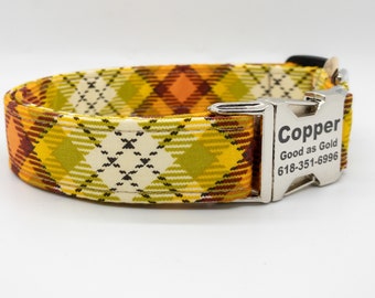 Autumn Plaid Dog Collar: Copper Orange, Optional Personalized Buckle, Trendy Pet Fashion
