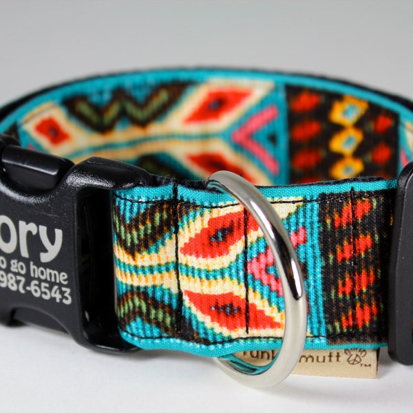 Custom engraved dog collar--Navajo Spirit dog collar 1.5" extra wide in faux bead turquoise and red in southwestern pattern