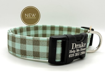 Gingham Sky, Light Teal Dog Collar: USA Made, Seasonal Pet Wear