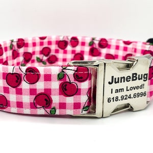 Handmade Dog Collar: Pink Gingham with Cherries, Optional Personalization, Ships Fast, Handmade