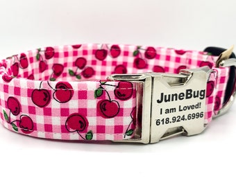 Pink Gingham Cherry Dog Collar - Sweet Summer Collar - Small Medium Large or Extra Large Dog Breeds - Cherries on Gingham Girl Collar