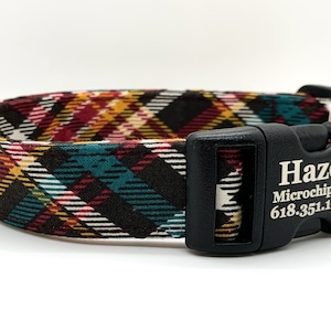 Collar para perro a cuadros: rojo ladrillo, dorado, verde azulado y granate (opción personalizada), collar para mascotas de otoño