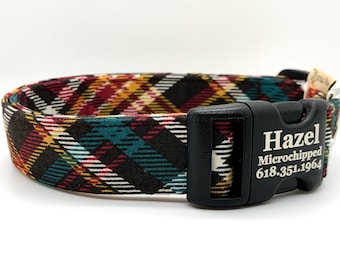 Plaid Dog Collar: Brick Red, Gold, Teal, Maroon - Personalized Option, Fall Pet Collar