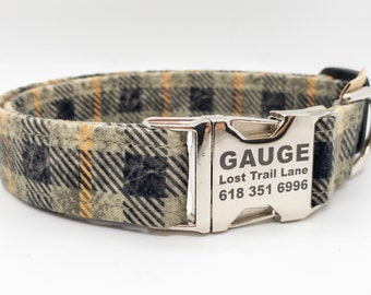 Smokey Gray Plaid Dog Collar: Personalized Metal Buckle, USA Made, Fall Pet Wear