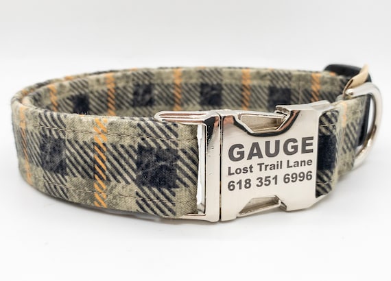 Smokey Gray Plaid Dog Collar: Personalized Metal Buckle, USA Made, Fall Pet Wear