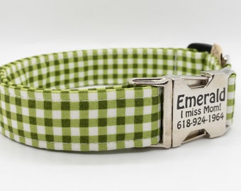 Cute and Trendy Sage Green Gingham Dog Collar - Washable Dog Collar - Ships Fast - Buckle engraving is optional - Robert Kaufman Fabric