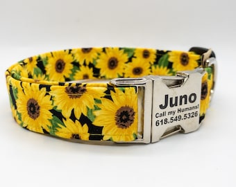Sunflower Dog Collar: Summer Flower Garden, Personalized Buckle.