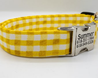 Yellow and White Gingham Dog Collar - Boy or Girl Dog Collar - Silver Metal or Plastic Engraving Optional