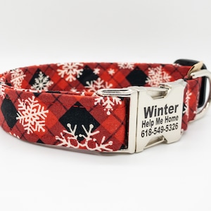 Red Plaid Snowflake Dog Collar - Lumberjack Winter Collar, Handmade USA