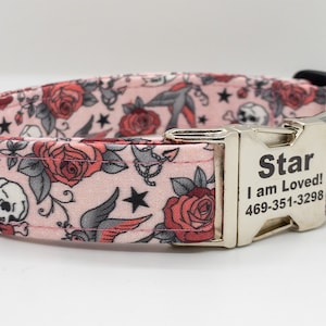 Pink and Red Roses Tattoo Style Dog Collar - Gift for Tattoo Artist - Skull Roses - Tattoo Inspired Collar  Silver Metal or Plastic Buckle