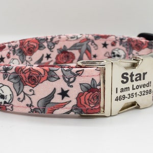 Tattoo Style Dog Collar: Pink Roses & Skulls, Metal or Plastic Buckle, Personalization Optional