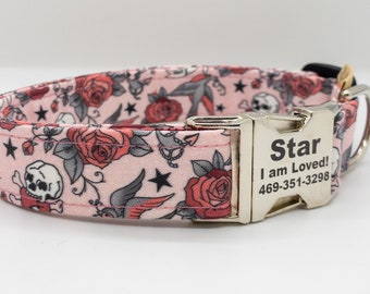 Pink and Red Roses Tattoo Style Dog Collar - Gift for Tattoo Artist - Skull Roses - Tattoo Inspired Collar  Silver Metal or Plastic Buckle