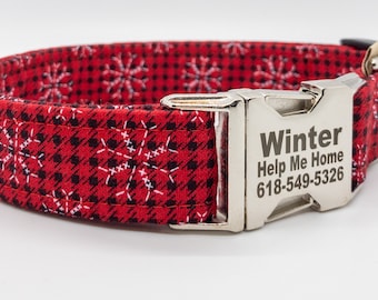 Winter Snowflake Buffalo Plaid Dog Collar - Christmas Lumberjack Style