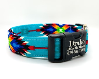 Santa Fe Aztec Southwest Style Dog Collar for All Breeds Personalization Available Bright and Intense Colors of Blue Orange Yellow Green. Etsy
