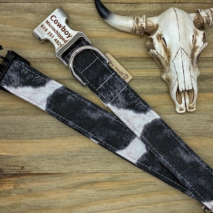 May include: A black and white cow print dog collar with a metal buckle and a black plastic clasp. The collar has the name "Cowboy" and a phone number on the buckle. A decorative cow skull is in the background.