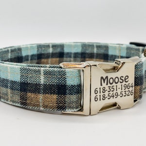 Lumberjack Blue Tan Checks Woodland Dog Collar - Cabin Lake Camping - Best Seller Dog Collar - Turquoise Tan Lumberjack Plaid