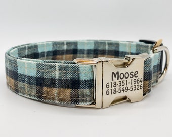 Lumberjack Blue Tan Checks Woodland Dog Collar - Cabin Lake Camping - Best Seller Dog Collar - Turquoise Tan Lumberjack Plaid