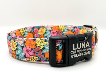 Handmade Floral Dog Collar: Personalized Engraved Buckle, Pet ID Collar