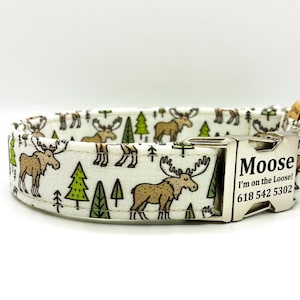 May include: A white dog collar with a repeating pattern of brown moose and green trees. The collar has a silver metal buckle with the name "Moose" and a phone number printed on it.