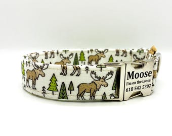 Wilderness Moose Dog Collar: Personalized Metal or Plastic Buckle, USA Made, Nature Pet Wear