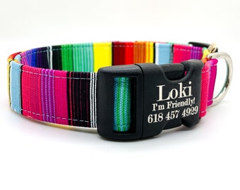 Serape Stripe Santa Fe Collar for all breeds - Personalization available - Bright and intense colors of blue, orange, yellow, green.