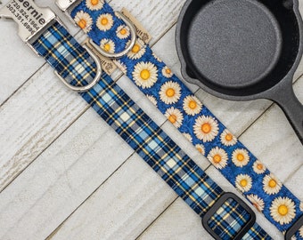 Mom's Apron Daisy Dog Collar - Dad's Plaid Check Dog Collar - Coordinating Matching Dog Collars - You Pick Style - Personalization Available