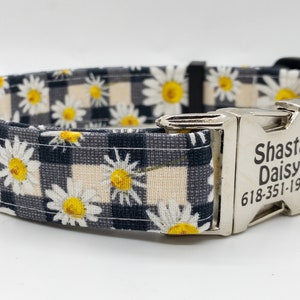 Sweet Daisy Buffalo Plaid Flower Dog Collar - Black and Cream Buffalo Check Plaid Dog Collar - Girl Dog - Personalization Optional