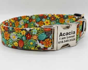 Sweet Meadow in Teal Summer Flower Garden Dog Collar - Blooming Flowers for Girl Dog - Personalization available - Metal or Plastic Buckle